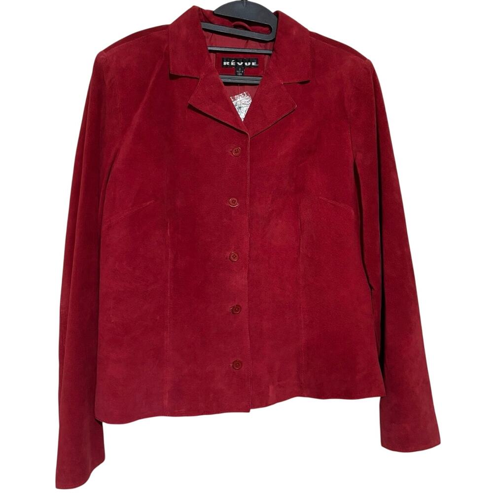 NWT Vintage Revue Women Red Suede Leather Jacket Button Moto Vamp Grunge Retro